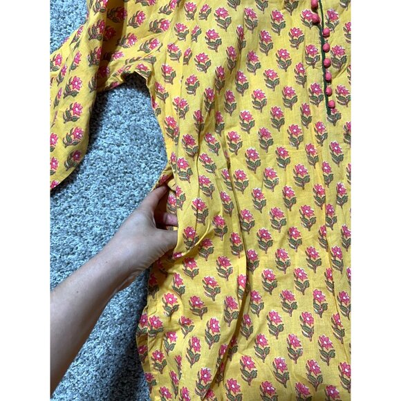 Meesan Womens Sz XL Yellow Floral Print Knee-Length Cotton Kurta With 3/4 Sleeve - Picture 5 of 10